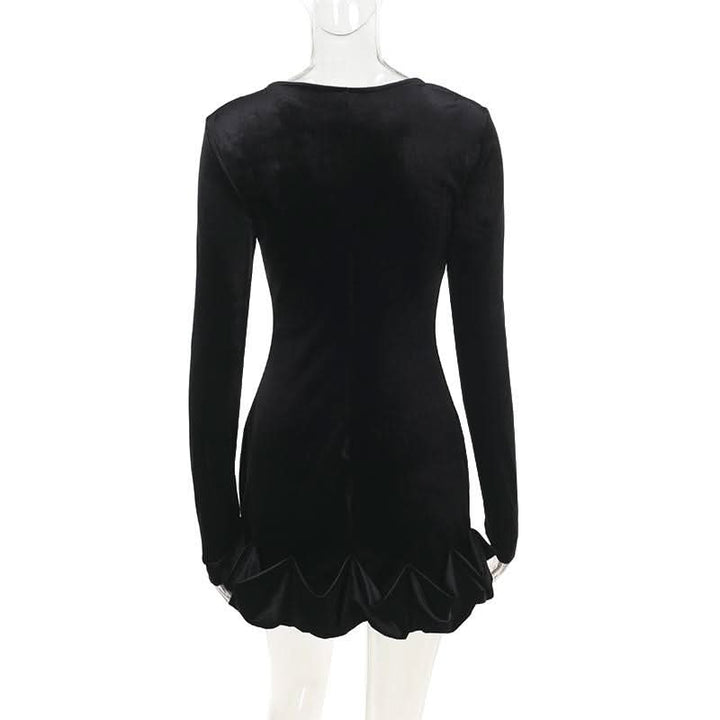 Long sleeve crewneck velvet ruffle mini dress  | Festival Outfits Women
