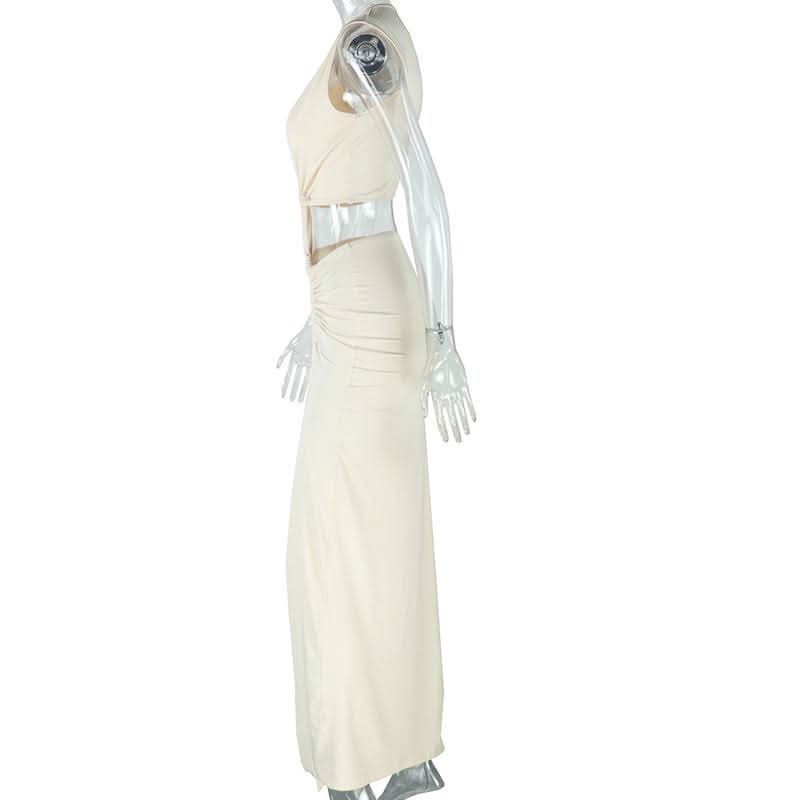 Irregular ruched slit hollow out v neck cut out maxi dress  | Festival Outfits Women