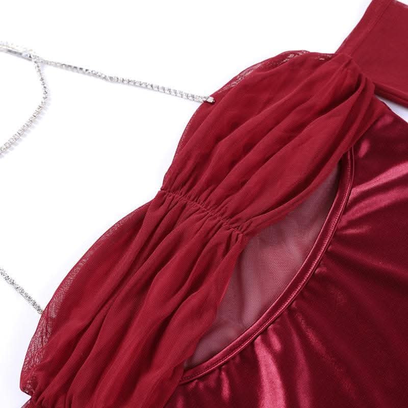 Mesh gloves solid halter ruched hollow out off shoulder cut out mini dress-final-sale  | Festival Outfits Women