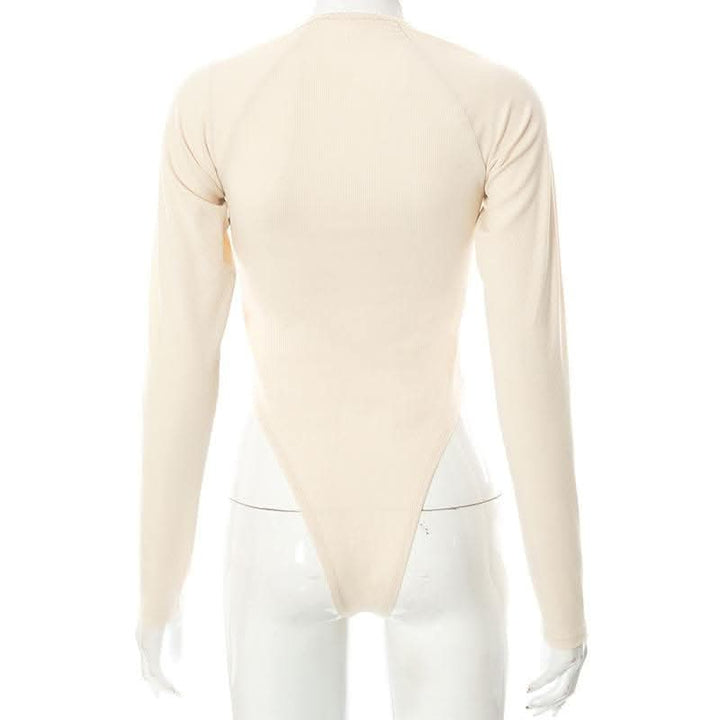 Halter solid ribbed long sleeve low cut bodysuit-final-sale  | Festival Outfits Women