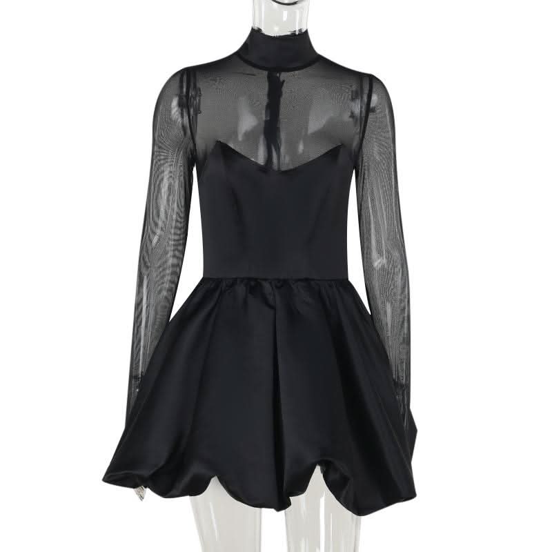 Long sleeve high neck zip-up mesh patchwork mini dress  | Festival Outfits Women