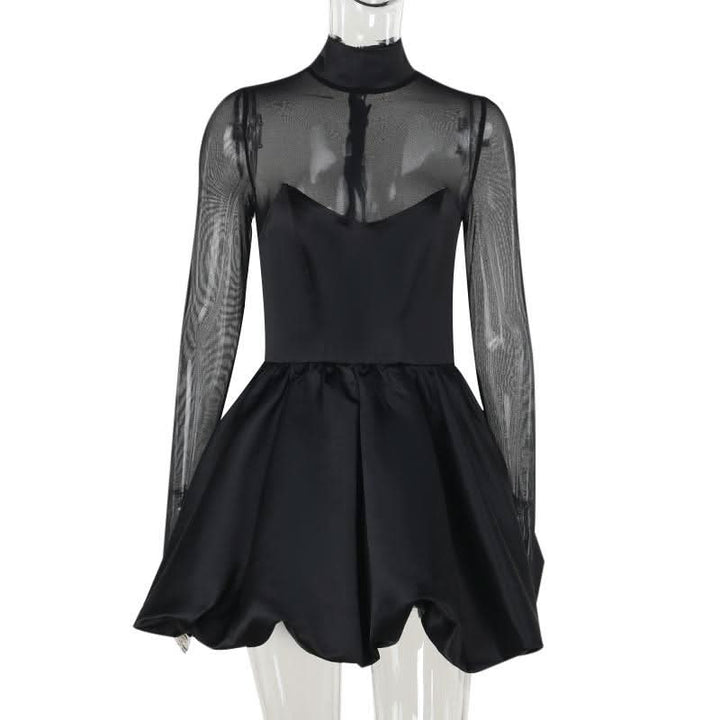 Long sleeve high neck zip-up mesh patchwork mini dress  | Festival Outfits Women