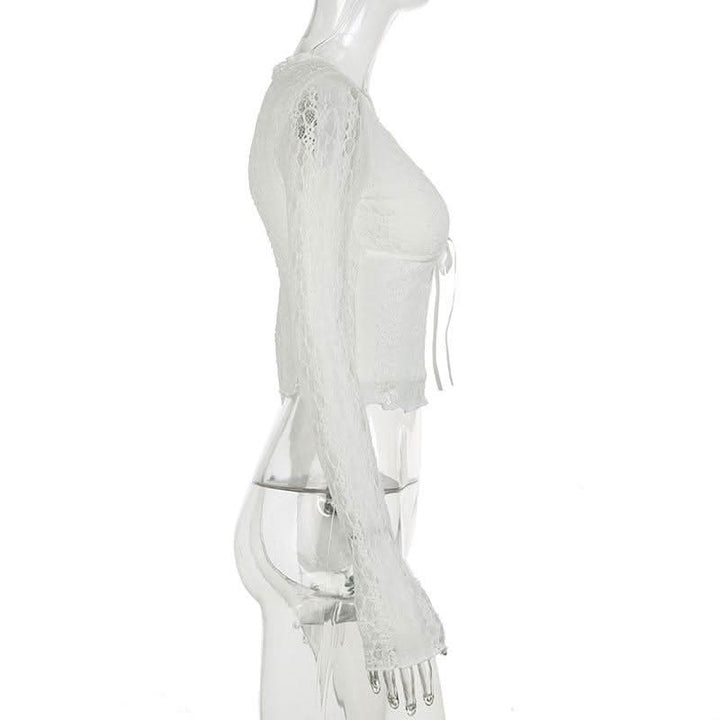 V neck long sleeve lace bowknot top  | Festival Outfits Women-final-sale