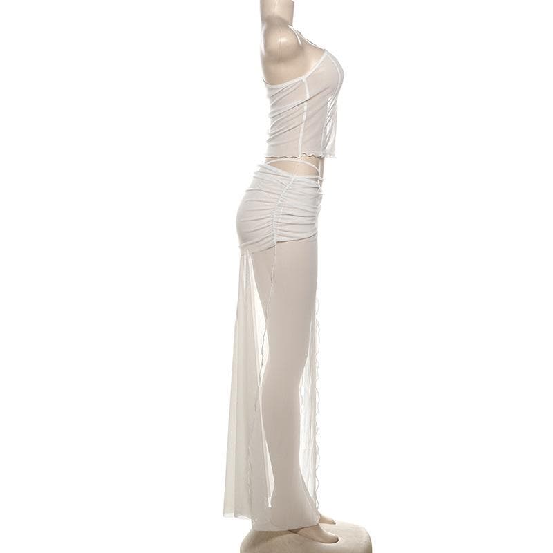 One shoulder high slit ruffle sheer mesh maxi skirt set-final-sale