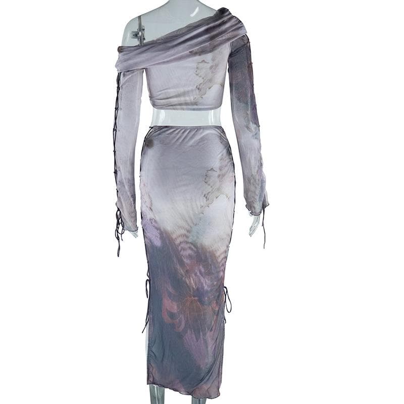 Long sleeve one shoulder lace up print ruched midi skirt set  | Festival Outfits Women