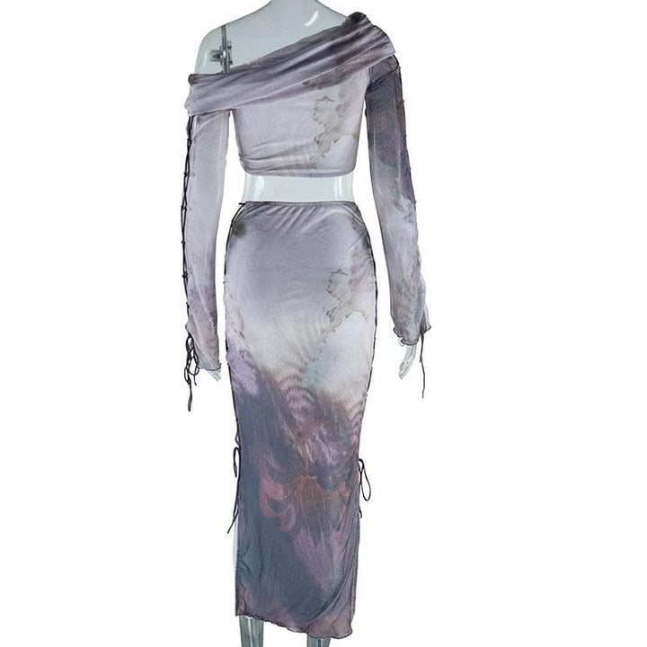 Long sleeve one shoulder lace up print ruched midi skirt set  | Festival Outfits Women