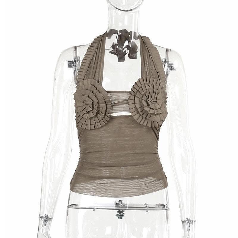 Halter pleated hollow out ruched mesh backless cut out top-final-sale  | Festival Outfits Women