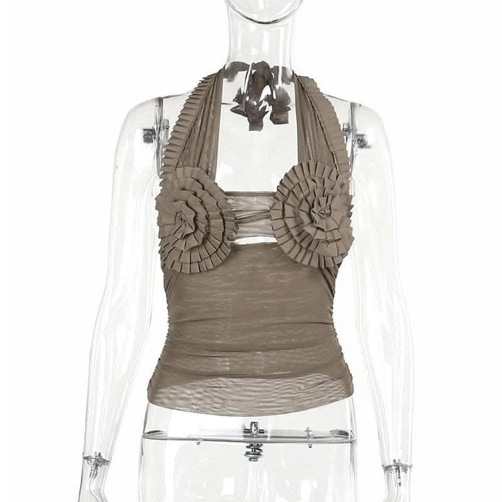 Halter pleated hollow out ruched mesh backless cut out top-final-sale  | Festival Outfits Women