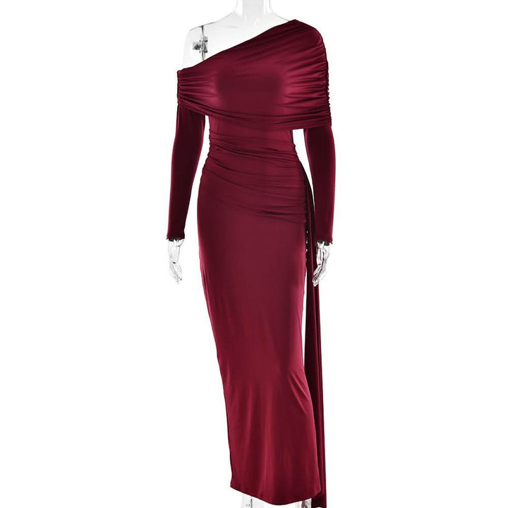 One shoulder long sleeve ruched slit maxi dress  | Festival Outfits Women