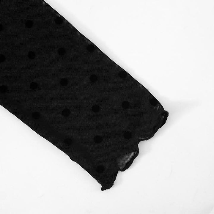Long sleeve mesh polka dot ruffle solid top  | Festival Outfits Women