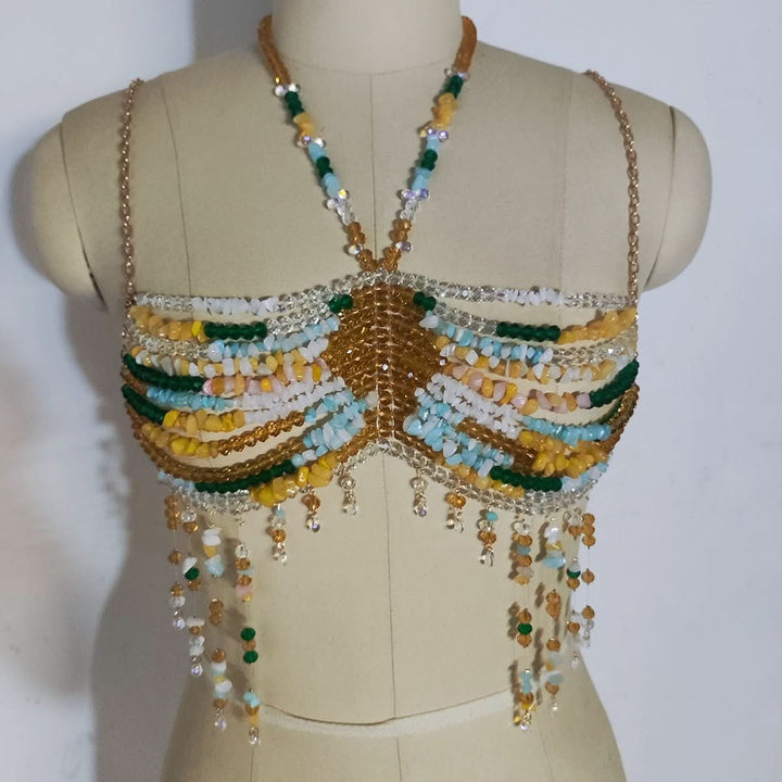 Halter beaded hollow out backless tassels cut out top  | Festival Outfits Women