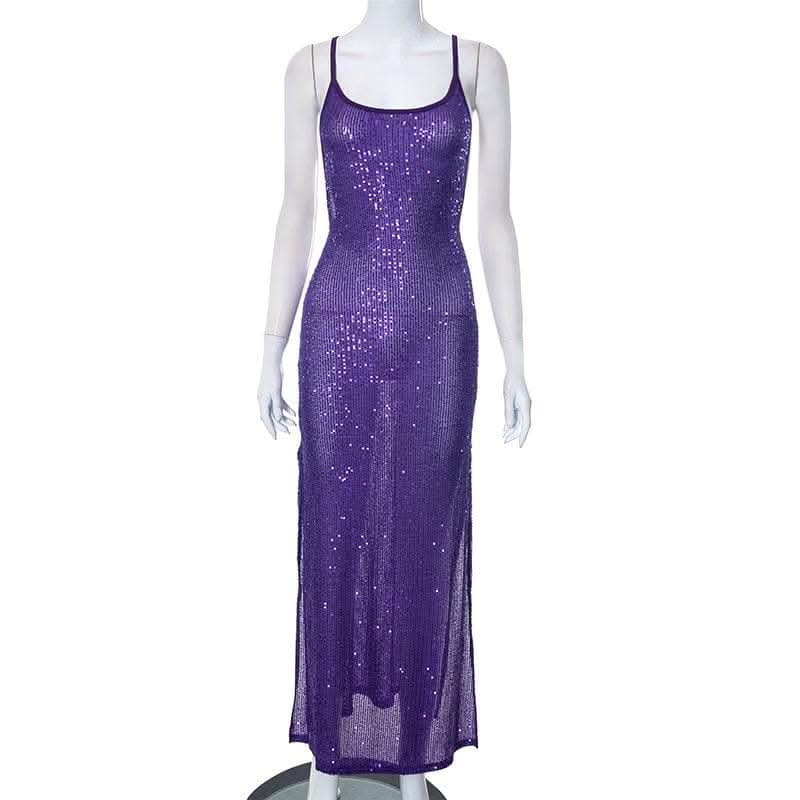 Glitter u neck see through backless cami maxi dress-final-sale  | Festival Outfits Women