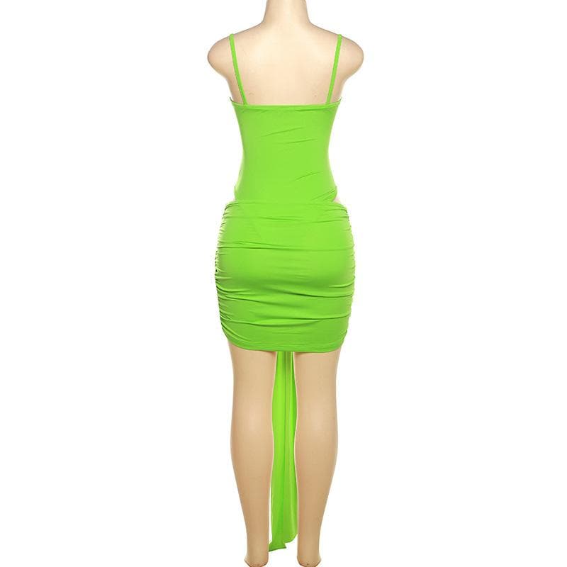 Hollow out solid ruched low cut self tie cami bodysuit mini skirt set-final-sale  | Festival Outfits Women