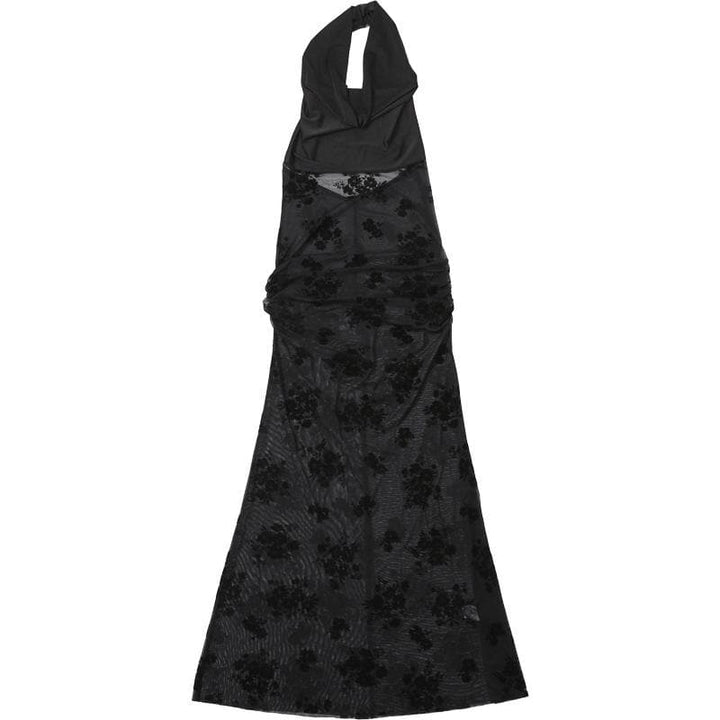 Cowl neck halter flower pattern mesh maxi dress  | Festival Outfits Women