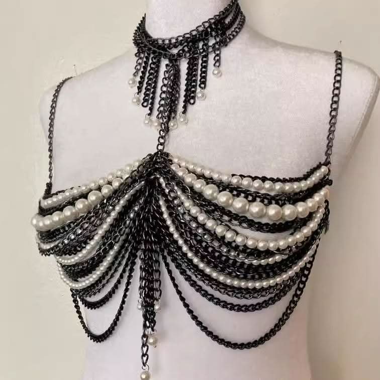 Halter layered beaded metal chain waist chain set  | Festival Outfits Women