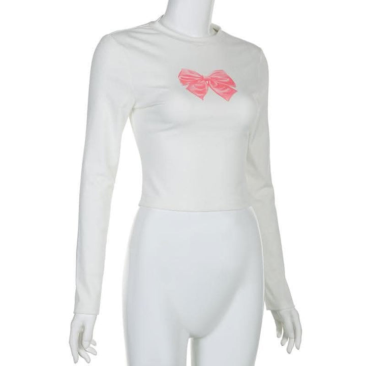 Bowknot pattern contrast long sleeve crewneck top-final-sale  | Festival Outfits Women