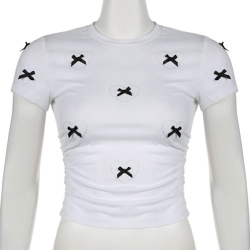 Short sleeve bowknot beaded ruched top-final-sale