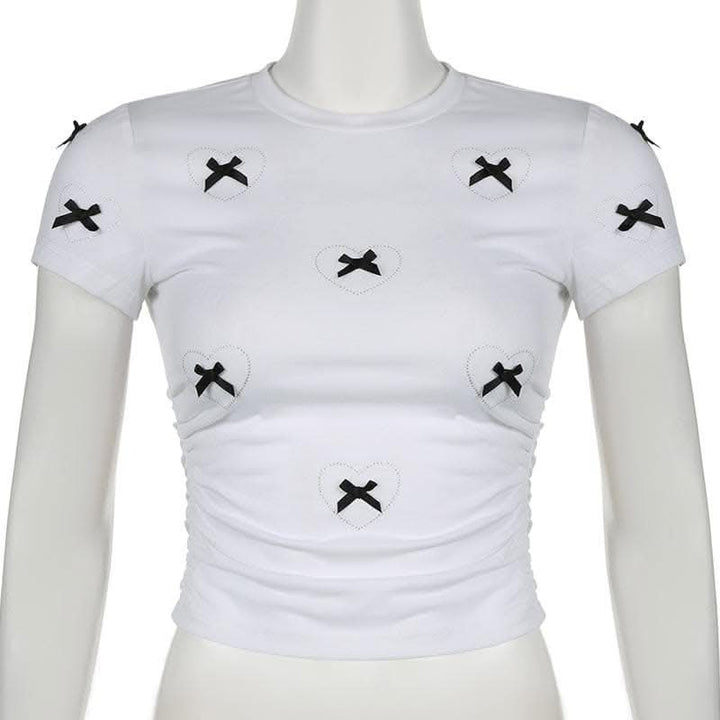 Short sleeve bowknot beaded ruched top-final-sale