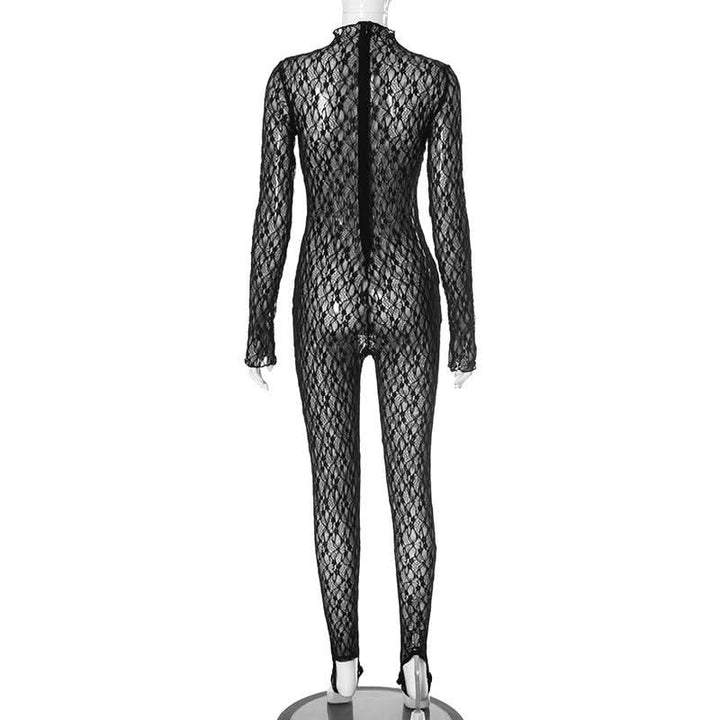 Long sleeve lace high neck zip-up see through jumpsuit  | Festival Outfits Women