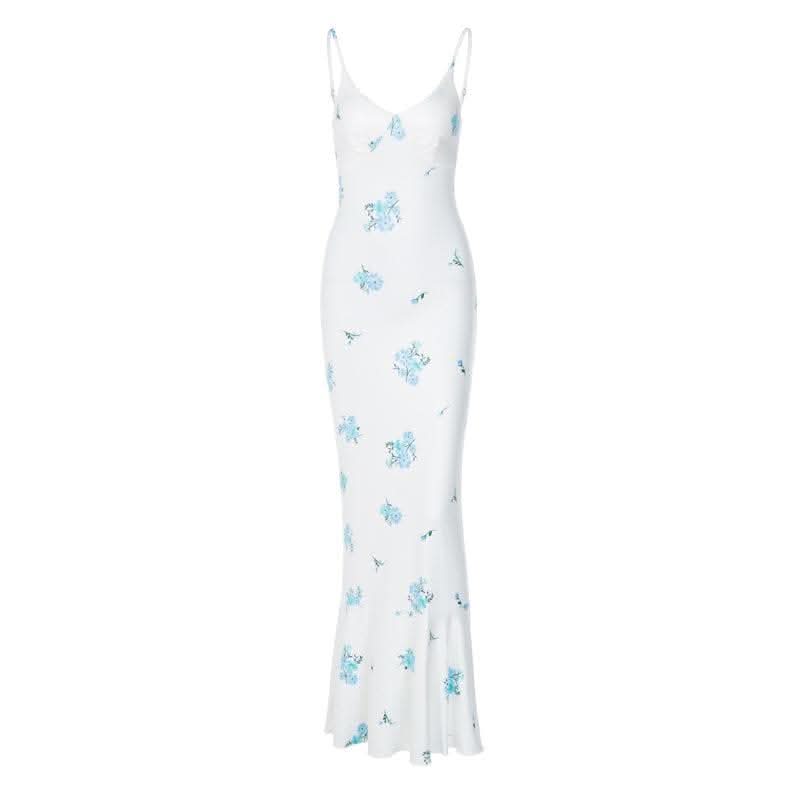 Flower print contrast v neck ruched cami maxi dress-final-sale