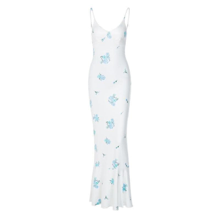 Flower print contrast v neck ruched cami maxi dress-final-sale