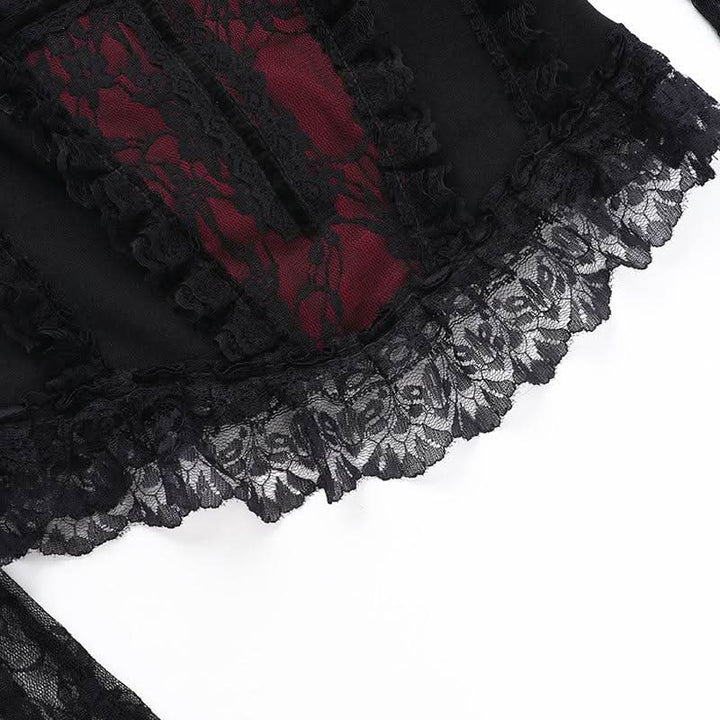 Long sleeve lace hem square neck self tie top-final-sale