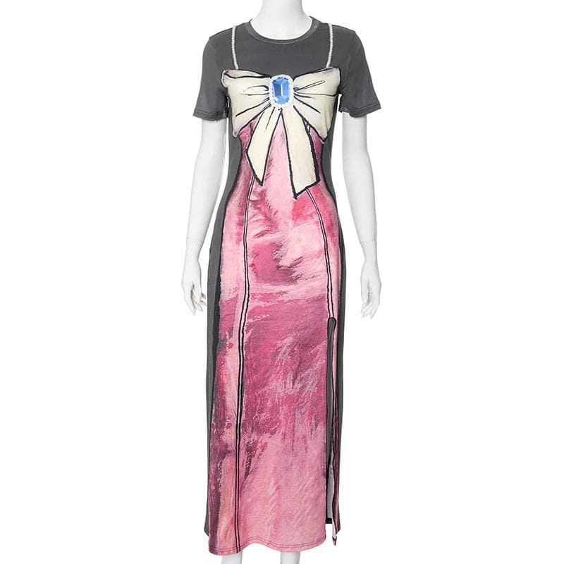 Short sleeve body print high slit maxi dress  | Festival Outfits Women