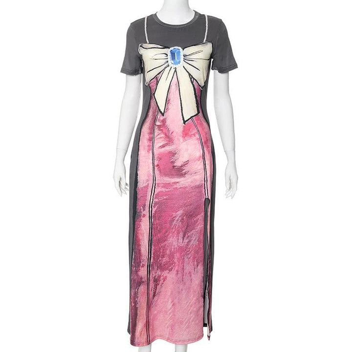 Short sleeve body print high slit maxi dress  | Festival Outfits Women