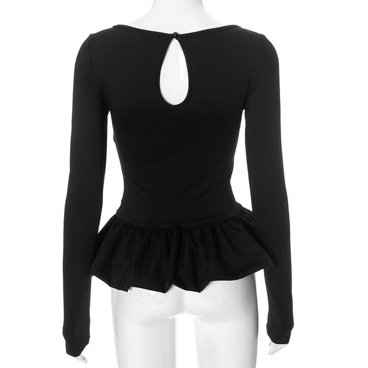 Ruched long sleeve round neck hollow out ruffle cut out top  | Festival Outfits Women