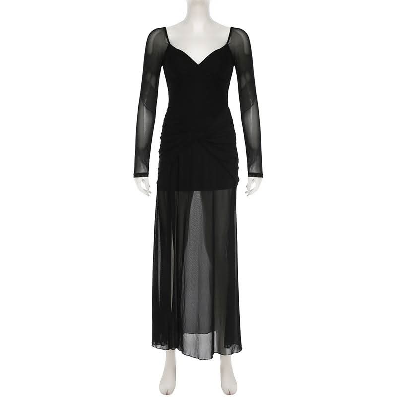 V neck long sleeve slit mesh maxi dress | Festival Outfits Women Halibuy V neck long sleeve slit mesh maxi dress | Festival Outfits Women Halibuy