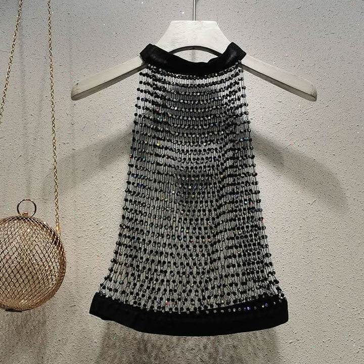 Crewneck hollow out see through beaded button cut out top  | Festival Outfits Women