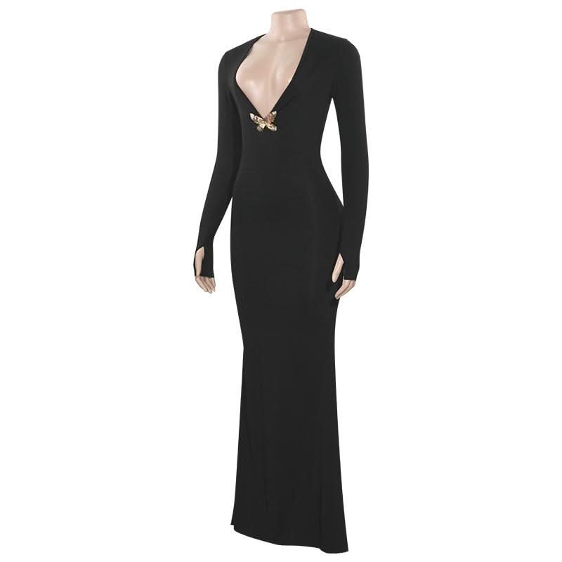 V neck long sleeve butterfly applique maxi dress-final-sale
