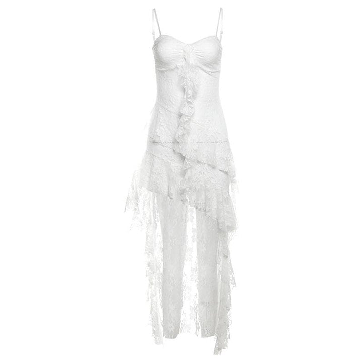 Sweetheart neck lace ruffle see through cami midi dress  | Festival Outfits Women