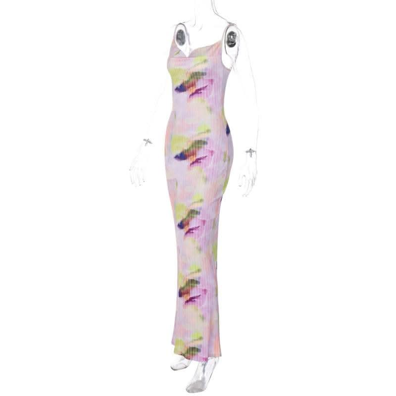 Backless cowl neck v neck contrast print cami maxi dress-final-sale  | Festival Outfits Women