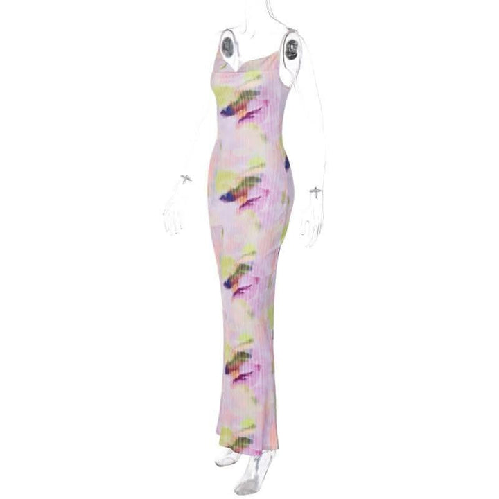 Backless cowl neck v neck contrast print cami maxi dress-final-sale  | Festival Outfits Women