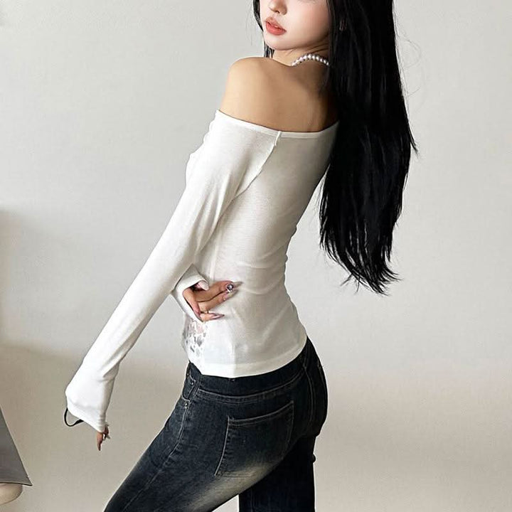Off shoulder long sleeve lace patchwork top  | Festival Outfits Women