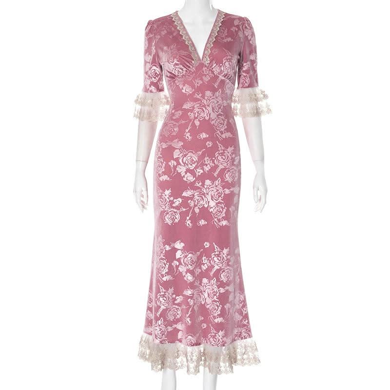 Lace hem v neck flower print velvet maxi dress  | Festival Outfits Women