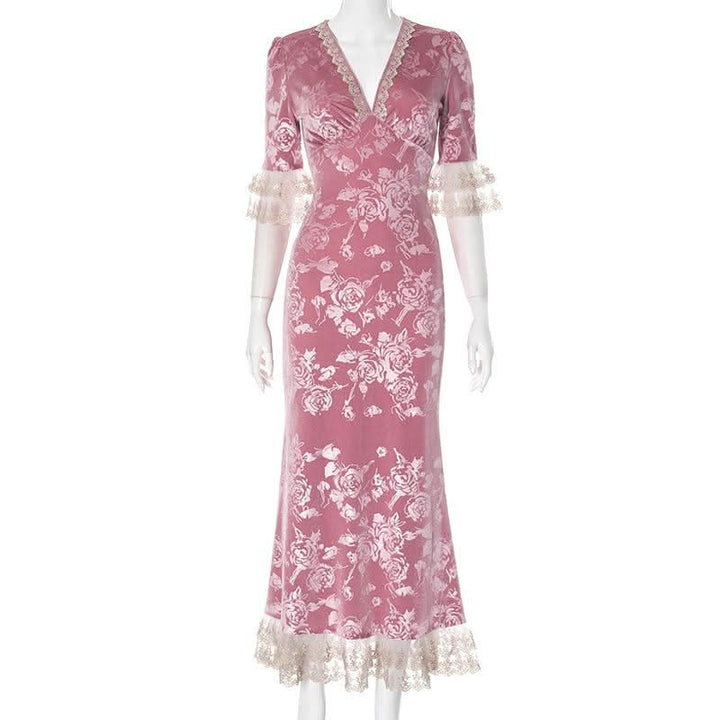 Lace hem v neck flower print velvet maxi dress  | Festival Outfits Women
