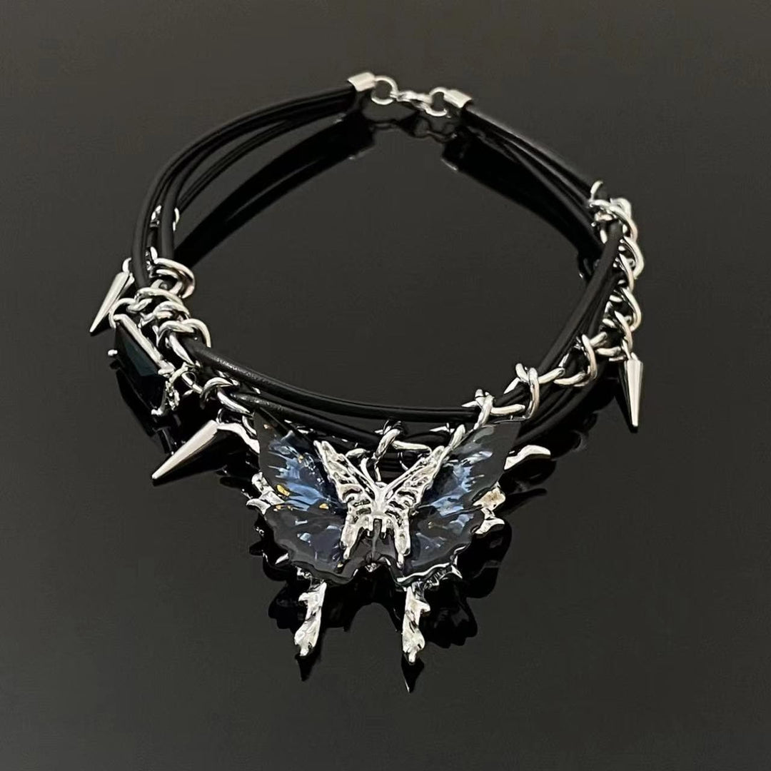 Black butterfly pendant rivet choker necklace  | Festival Outfits Women