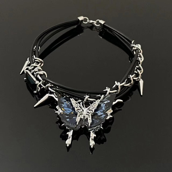 Black butterfly pendant rivet choker necklace  | Festival Outfits Women