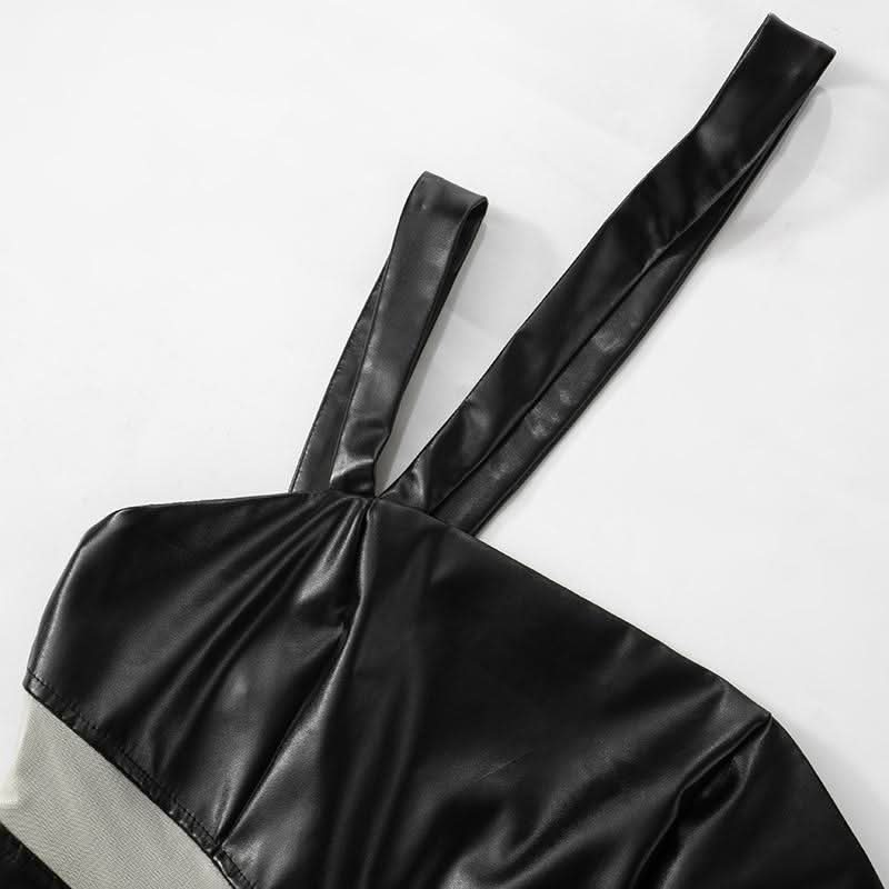Irregular PU leather mesh zip-up mini dress  | Festival Outfits Women
