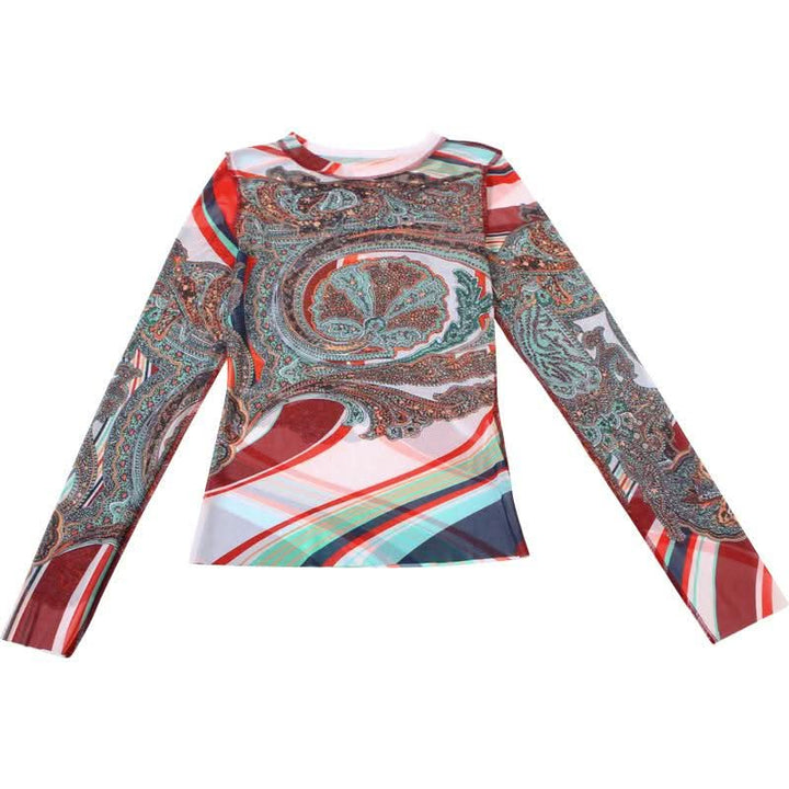 Long sleeve crewneck mesh abstract print top  | Festival Outfits Women