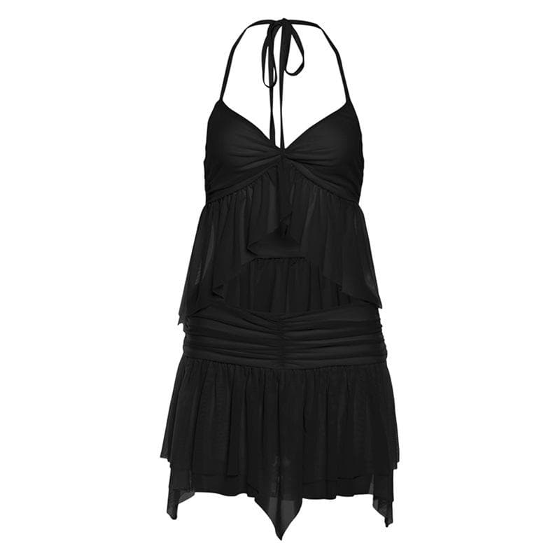 Halter ruffle mesh v neck ruched mini skirt set  | Festival Outfits Women