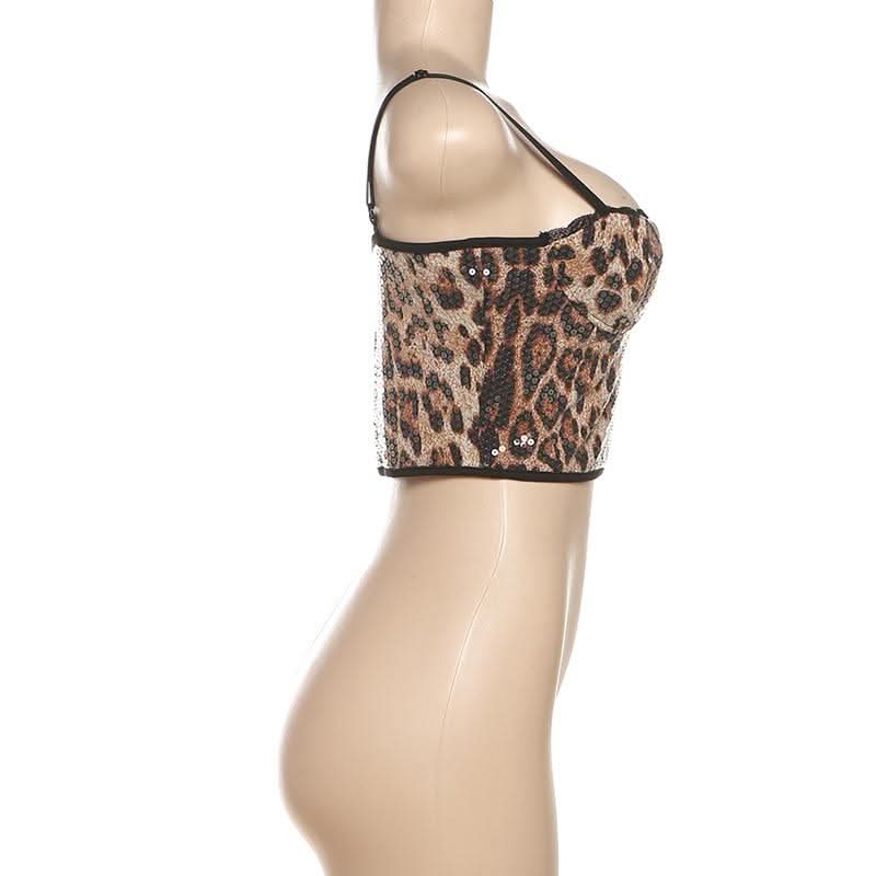 Leopard print lace hem glitter cami crop top  | Festival Outfits Women  | Cheetah Print Top