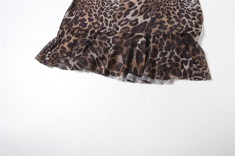 Leopard print v neck ruffle mesh cami mini dress  | Festival Outfits Women  | Leopard Print Mini Dress-final-sale
