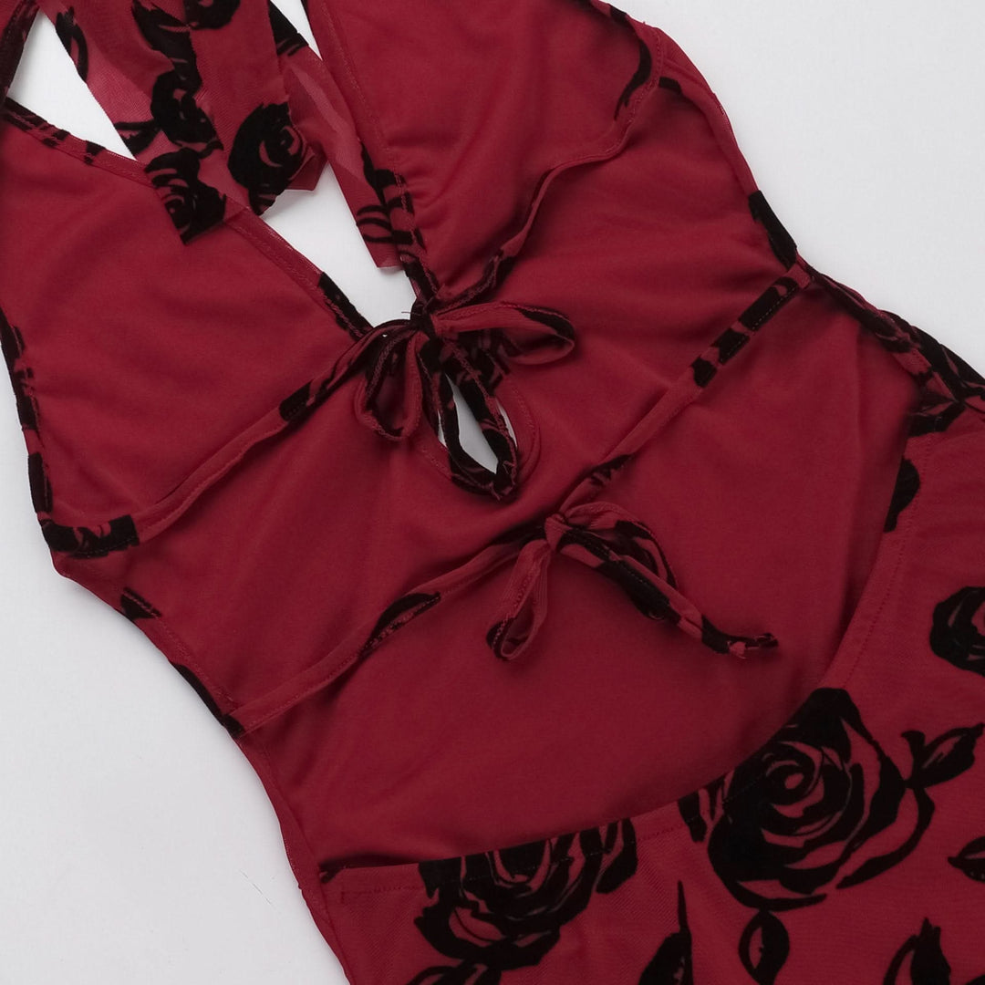 Halter v neck slit backless mesh self tie midi dress  | Festival Outfits Women-final-sale