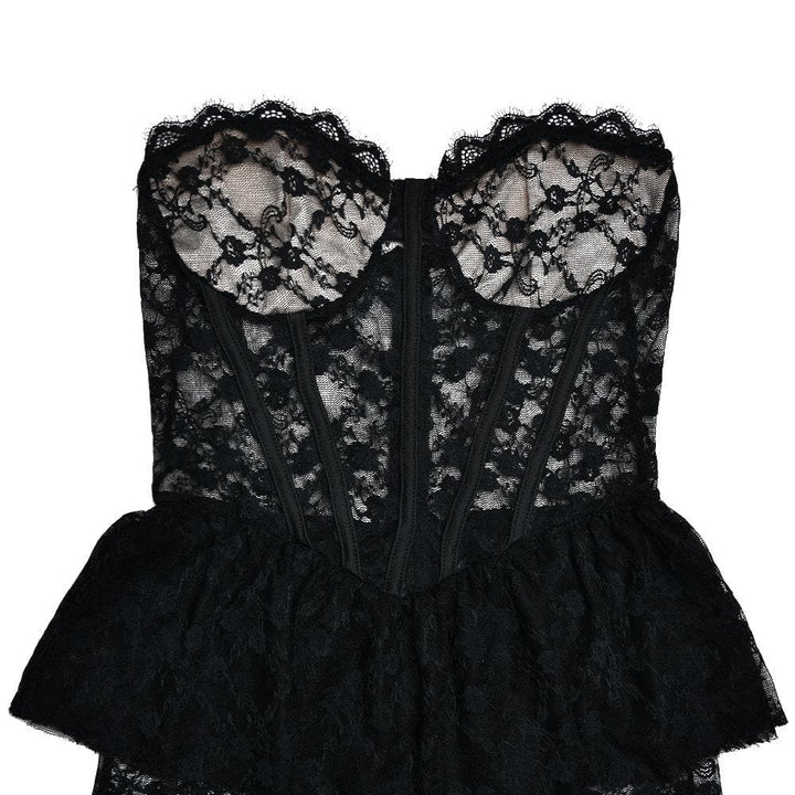 Sweetheart neck lace see through bustier ruched tube maxi dress  | Festival Outfits Women