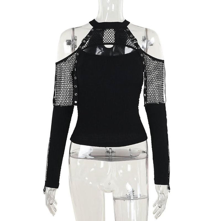 Off shoulder long sleeve fishnet patchwork buckle top  | Festival Outfits Women