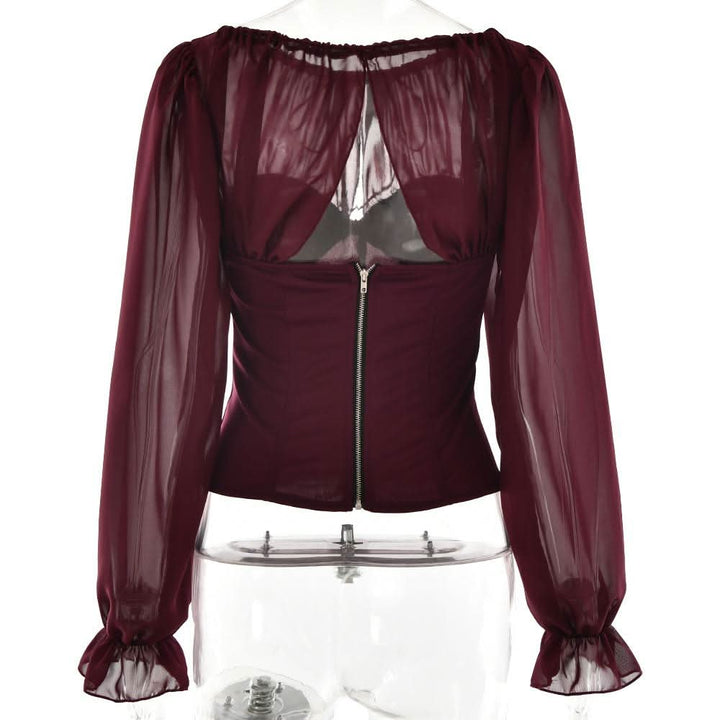 Long sleeve chiffon patchwork corset zip-up top  | Festival Outfits Women