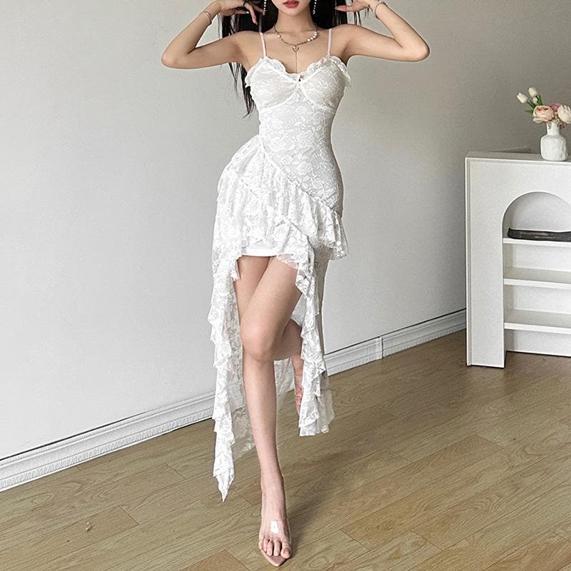 Lace ruffle flower pattern cami midi dress  | Festival Outfits Women